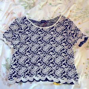 Oversized small shirt, navy sheer with cream floral pattern